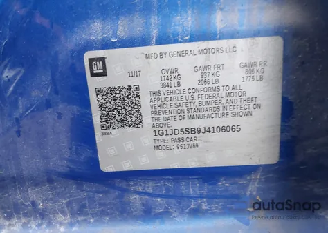 2018 Chevrolet Sonic Lt Auto from USA, damaged, VIN 1G1JD5SB9J4106065